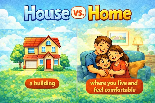 Cartoon illustration comparing “house” and “home,” highlighting that a house is a building while a home represents where people live, feel safe, and experience comfort and belonging.